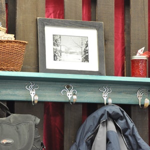 5 Fork Hook Coat Rack with Shelf made from solid wood and Vintage flatware Recycled Silverware 32 inches long image 3