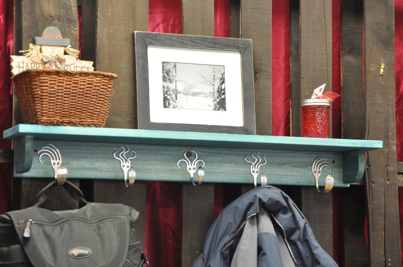 5 Fork Hook Coat Rack with Shelf made from solid wood and Vintage flatware Recycled Silverware 32 inches long image 3