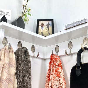 6 Spoon Hooks Coat Rack with 16 inch Corner Shelf in Any Color Finish Recycled Silverware