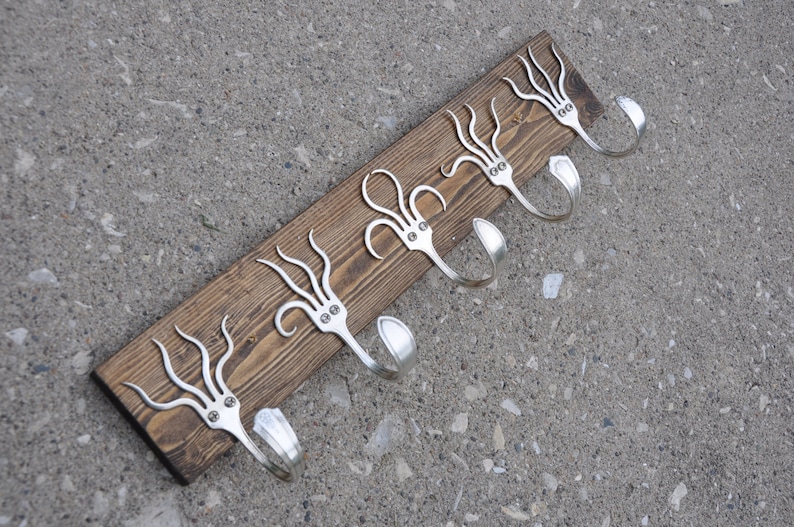 5 Funky Forks Coat Rack Recycled Vintage Silverware Functional Art in any color finish 21 Inches Long image 1