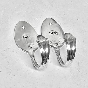 HIS and HERS Spoon Hooks Recycled Silverplate Silverware Art Wall Hanging Garment Hanger Silver Plated Coffee Mug Apron Oven Mitts Coat Hat