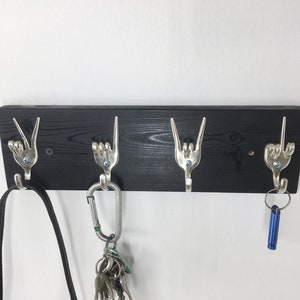 Peace x Love x Rock On x Fork U Keys Rack Recycled Silverware Fork Art 12 inches long solid wood board