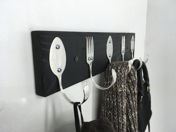 Spoon and Fork Coat Rack in Any Color 5 Hooks Recycled Silverware Art Wall  Hanging Garment Hanger Silver Plated Coffee Mug Apron Oven Mitts 