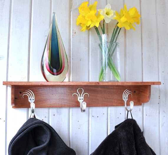 Items similar to Forks Coat Rack Shelf Cherry Finish on Etsy