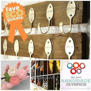 May include: A collage of images showcasing DIY home decor and craft projects. The first image shows a wooden board with six spoon hooks, each with a name engraved on it. The second image shows a close-up of a felt flower headband. The third image shows a jewelry organizer with various necklaces and earrings. The fourth image shows a colorful necklace with the text "the 2017 HANDMADE OLYMPICS!"