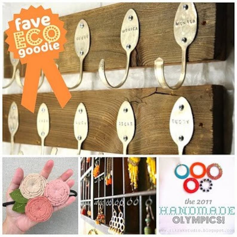May include: A collage of images showcasing DIY home decor and craft projects. The first image shows a wooden board with six spoon hooks, each with a name engraved on it. The second image shows a close-up of a felt flower headband. The third image shows a jewelry organizer with various necklaces and earrings. The fourth image shows a colorful necklace with the text "the 2017 HANDMADE OLYMPICS!"