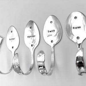 Personalized Spoon Hook Vintage Reclaimed Silverware Wall Hanger Storage Garment Flatware polished or tarnished custom stamped upcycled art