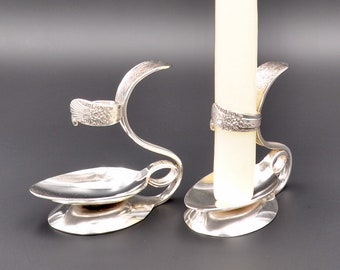 Silverware Candle Holder Vintage Handmade Sculpture Art Quantity of One Soldered Silver-plated Spoons Table Creation Unique Functional Dine
