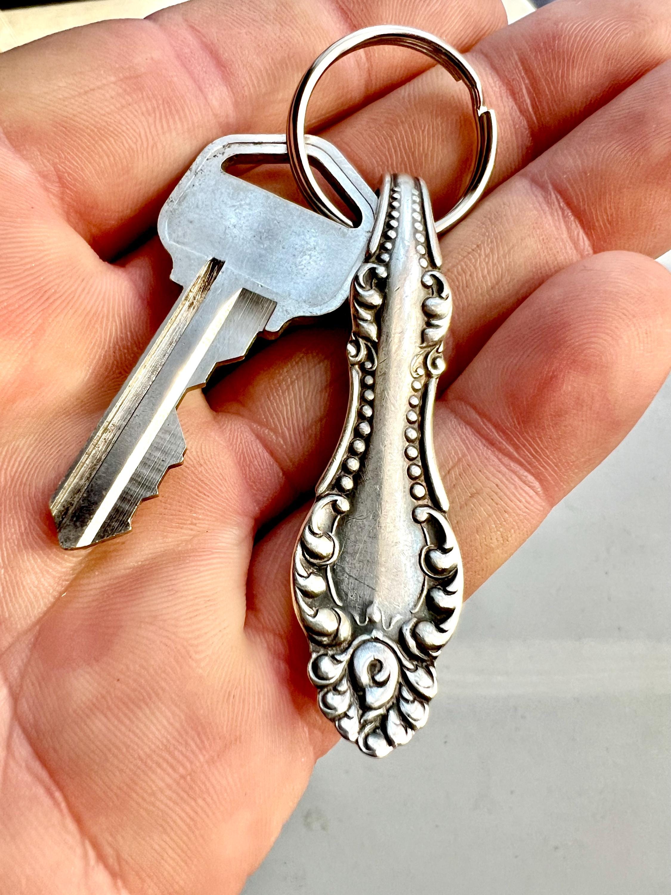 Silver Spoon Keychain Key Fob Vintage Reclaimed Silverware Ornate Beaded Pattern Unique Style Keyfob Etsy