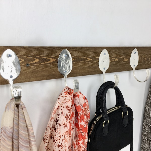 Personalized Spoon Hooks Coat Rack Vintage Recycled Silverware Stamped All You Need Is Love