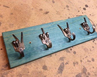 Peace x Love x Rock On x Fork U Key Rack 12 Inches Long Recycled Silverware Hand Gestures Vintage Handmade Solid Wood