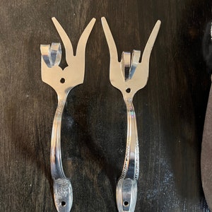Drawer Pull Peace or Rock On Cabinet Handle Meat Fork Vintage Flatware Silverware Upcycled Art Pantry Knob Hand Gesture Handmade Hang Loose
