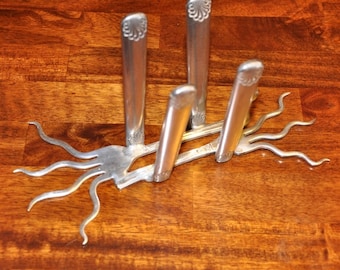 Stunning Silverware Napkin Holder made with forks and knives kitchen table decor conversation piece handmade art for home unique style