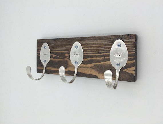 Live Laugh Love Stamped Spoon Hooks Coat Rack Recycled Silverware Art Wall  Hanging Garment Hanger Silver Plated Coffee Mug Apron Oven Mitts 