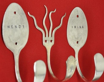 Funky Fork and Two Spoon Hooks Combo Personalized Vintage Reclaimed Silverware