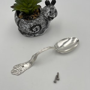 May include: A silver spoon with an ornate handle and a small, decorative snail-shaped planter holding a succulent plant. Two small screws are also present. The spoon has a curved handle and a rounded bowl.