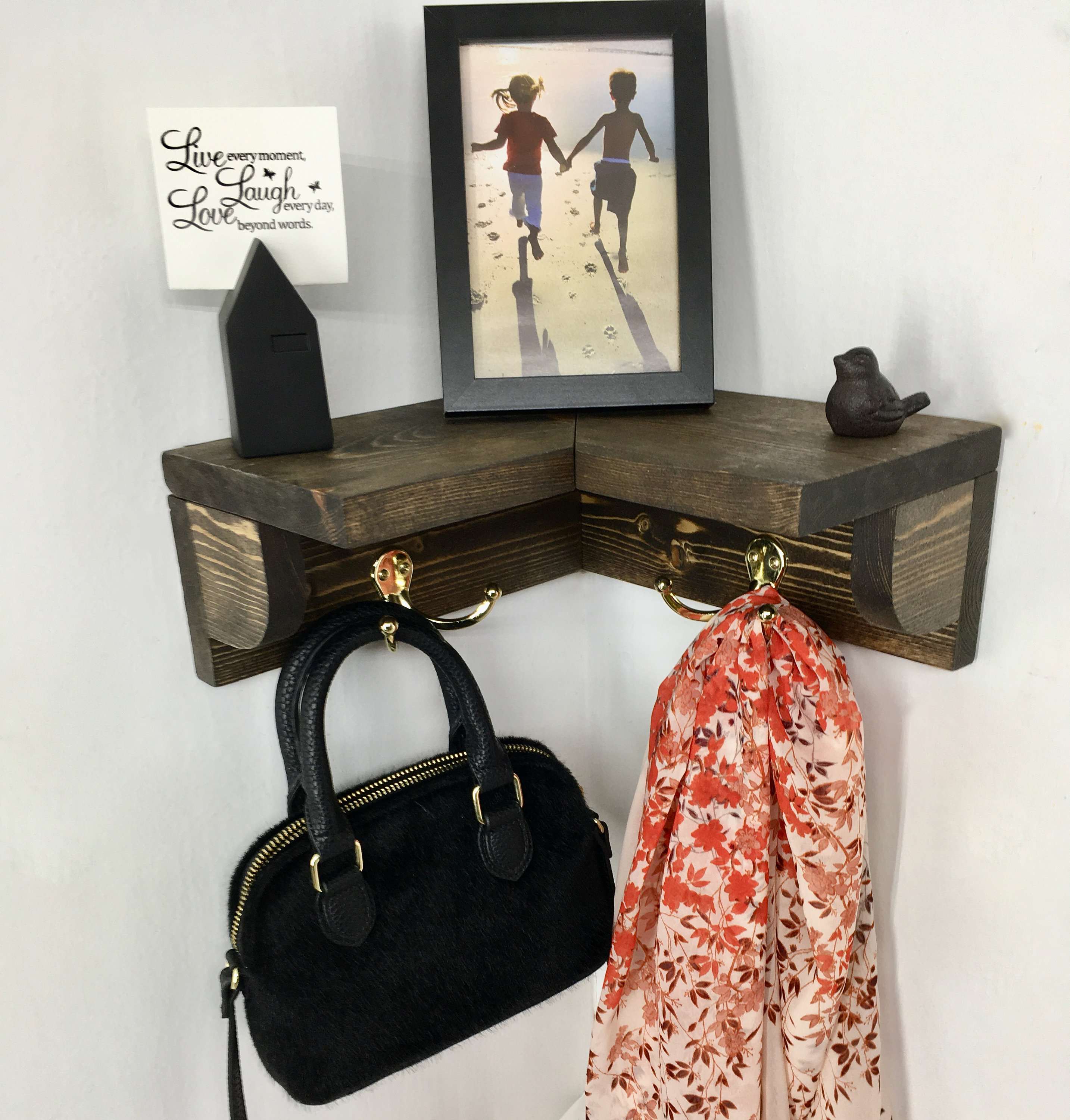 Corner Shelf with 2 Double Garment Hooks Rack in Any Color Finish Wall Storage Coat Hanger Organizer Modern Home Decor Custom Design