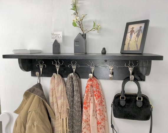 6 Fork Hook Coat Rack With Solid Wood Shelf in Any Color Finish