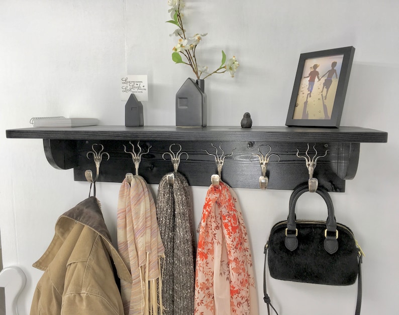 6 Fork Hook Coat Rack With Solid Wood Shelf in Any Color Finish ...