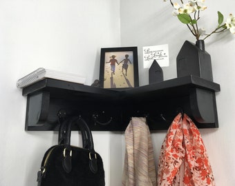 Corner Shelf with 4 Double Garment Hooks Rack in Any Color Finish 14 Inch Wall Storage Coat Hanger Organizer Modern Home Decor Custom Design