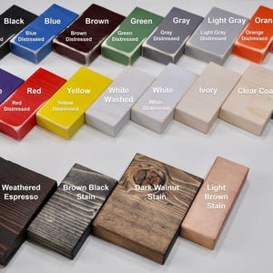 May include: A variety of wood stain colors, including black, blue, brown, green, gray, light gray, orange, pink, purple, red, yellow, white, ivory, clear coat, turquoise, barn board, weathered espresso, brown black stain, dark walnut stain, and light brown stain.