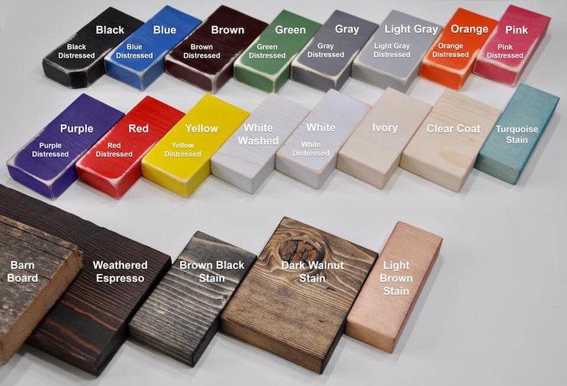 May include: A variety of wood stain colors, including black, blue, brown, green, gray, light gray, orange, pink, purple, red, yellow, white, ivory, clear coat, turquoise, barn board, weathered espresso, brown black stain, dark walnut stain, and light brown stain.