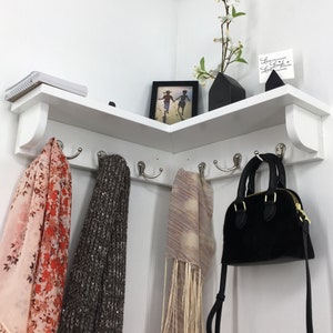 Corner Shelf with 6 Double Garment Hooks Rack in any color finish 20 Inch Wall Hanging Coat Hanger Storage Foyer Play Kids Shelving Mud Room