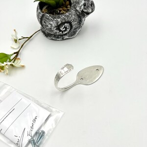 May include: A silver spoon repurposed into a decorative hook. The hook is next to a small snail-shaped planter holding a succulent plant. A small bag with screws and a handwritten note is also present.