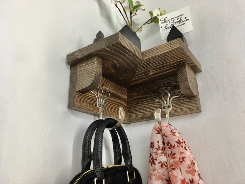 2 Funky Fork Hooks Coat Rack With Corner Shelf Recycled Etsy