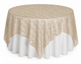 Manteles de encaje en varios colores para decoración de mesas en bodas y eventos.