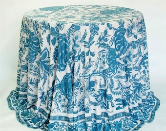 Amalfi Range Printed Tablecloth Ivory/Teal 132" Round for Weddings Events Parties