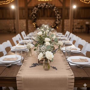 May include: A long wooden table set for a formal event, adorned with white roses, baby's breath, and lavender sprigs in glass jars. White plates, glasses, and silverware are arranged for each guest. A burlap table runner with fringed edges runs down the center.