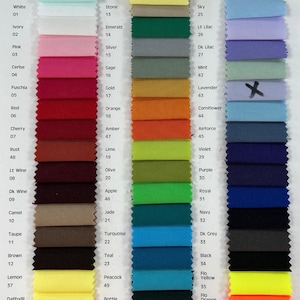 May include: A colour chart of 51 fabric swatches with corresponding numbers and names. The fabric is described as "Bi-Stretch" and is 100% polyester, 148/150 cm wide, and 170 gsm. Care instructions include machine wash cool, do not bleach, and tumble dry cool.