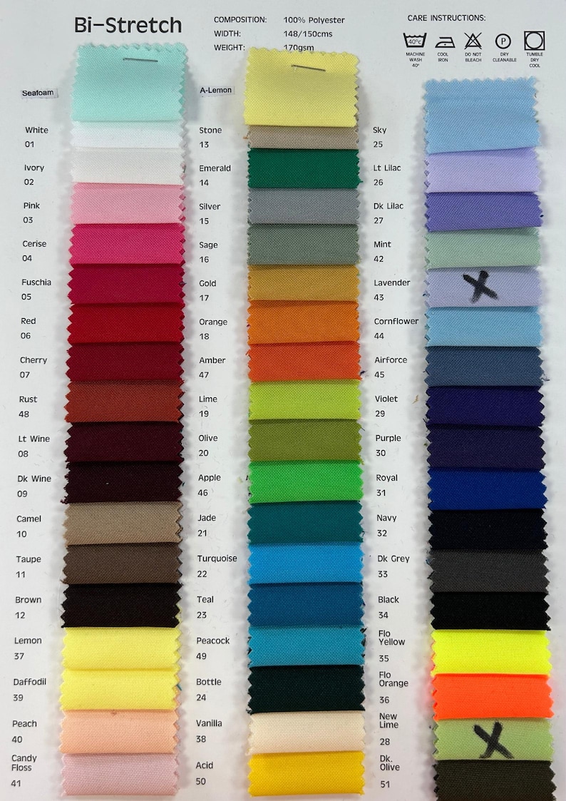 May include: A colour chart of 51 fabric swatches with corresponding numbers and names. The fabric is described as "Bi-Stretch" and is 100% polyester, 148/150 cm wide, and 170 gsm. Care instructions include machine wash cool, do not bleach, and tumble dry cool.