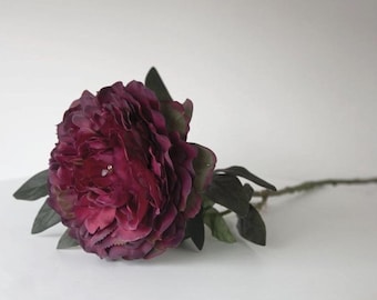 May include: A single, deep burgundy peony flower with multiple layers of petals. The flower has a few small, clear embellishments. Dark green leaves and a stem extend from the flower, set against a white background.