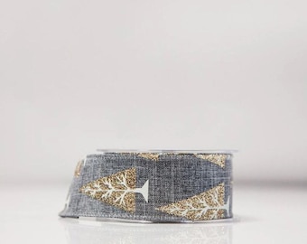 Cinta de lino Eleganza para árbol de Navidad, gris/dorado, para fiestas y regalos navideños.