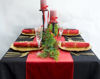 Maßgeschneiderte Luxus Rot Grün oder Gold Velour Tischläufer Hochzeit und Weihnachten Tischbild Dekor