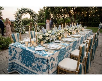 Amalfi Range Printed Tablecloth Ivory/Teal 90"x144" Rectangle for Weddings Events Parties