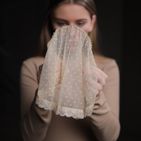 Bandeau en velours beige à pois et voile avec bordure en dentelle COUPE-TÊTE plus de couleurs