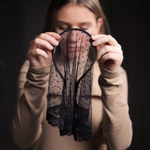 Black velvet Polka Dot Mesh Headband veil with Lace Trim HEAD WRAP