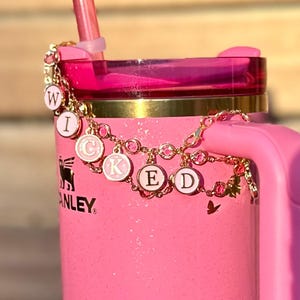 Wicked Tumbler Cup Charm | Black and Green Gemstone Gold Straw Charm | Pink Sparkly Gold Handle Charm for Tumbler | Stanley Cup Bling | Bow