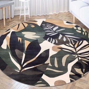 Tappeto rotondo, tappeto rotondo tropicale, motivo a foglie botaniche, tappeto moderno boho, tappeto decorativo circolare verde beige, tappeto decorativo a foglie, cerchio