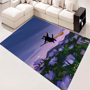 Purple Rug, Aera Rug, Whimsical Black Cat Area Rug | Magical Floral Broomstick Carpet | Cozy Floor Decor | Witchy Gift for Cat Lovers, Xmas