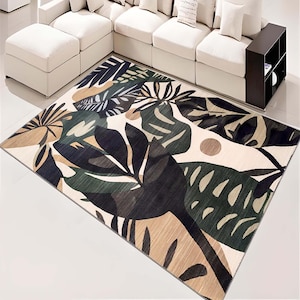 Tropical Leaf Print Area Rug, Beige & Green Monstera and Palm Design, Modern Home Decor Rug for Living Room, Bedroom, Office Rug, Rugs Mat