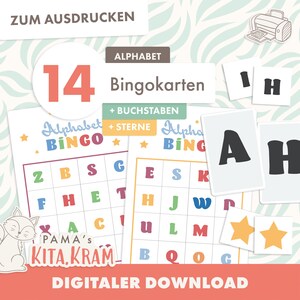 ABC Bingo Spiel - 14 Karten + Buchstaben zum Ausdrucken | Buchstaben lernen Vorschule & 1. Klasse | Lernspiel Kinder PDF Morgenkreis