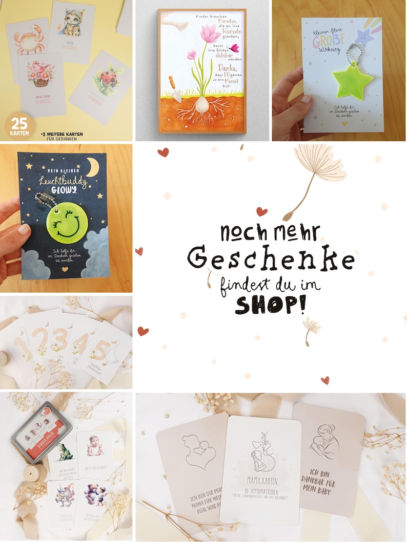 May include: A collection of stationery products including illustrated greeting cards with animals, a framed floral print, star and smiley face keychains on display cards, numbered cards, and affirmation cards with line art illustrations.