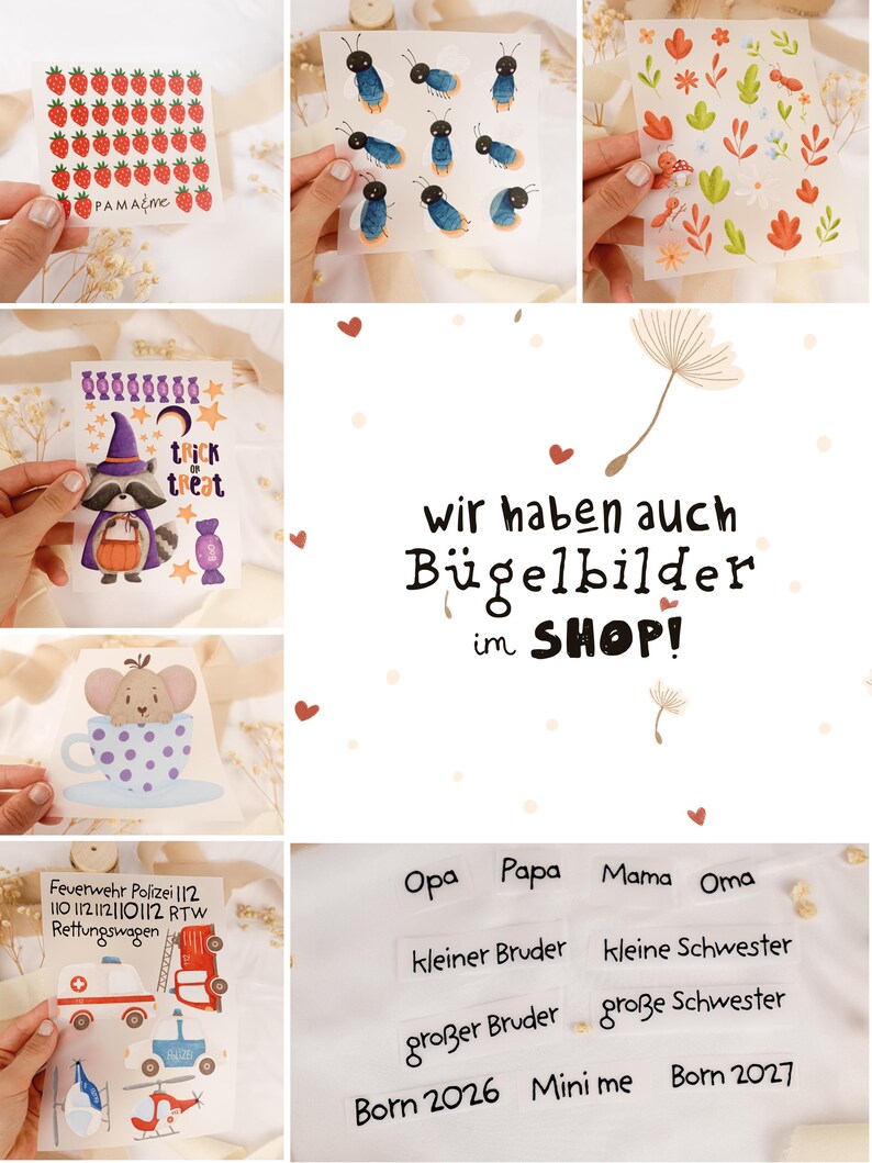 May include: A collection of adhesive sticker sheets featuring various designs including red strawberries, blue fireflies, colorful flowers, a raccoon in a witch hat, a mouse in a teacup, emergency vehicles, and text labels like Opa, Papa, Mama, and Oma.