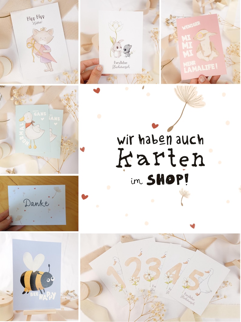 May include: A collection of greeting cards featuring various illustrations including a cat, rabbits, a llama, a duck, a bee, and numbers. The central text reads: WIR HABEN AUCH KARTEN im SHOP! Other cards display text such as Hipp Hipp Hurra, Herzlichen Gl&uuml;ckwunsch, Danke, and BEE HAPPY.