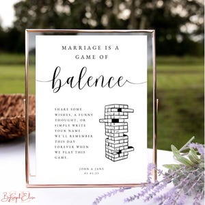 Plantilla JENGA Marriage is a Game of Balance: elegante, en blanco y negro, moderna, minimalista: señalización para bodas, señalización para mesas de bodas