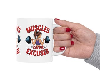 Motiverende mok Muscles Over Excuses: fitnesscadeau voor sportschoolliefhebbers